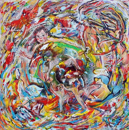 lenfant decouvre le monde acrylique sur toile 100 x 100 cm 2025
