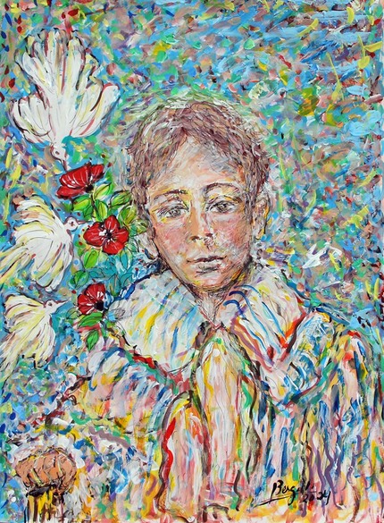 mon pere enfant avec palomas acrylique sur papier 42 x 58 cm 2024